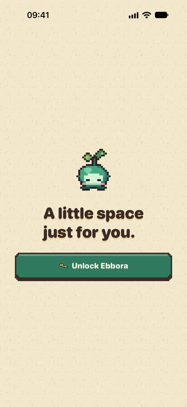 Ebbora's app lock screen: a sleeping companion, the words 'A little space just for you' and an Unlock Ebbora button.
